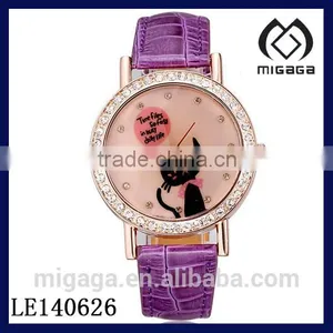 Fashion Purple Leather Strap Cute Kitty Wristwatch for Young Girls thumbnail-1