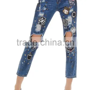 Women New Blu Destroyed Denim Embroidered Jeans Pants Trousers thumbnail-1