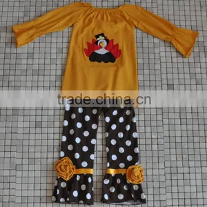 New Coming Brown Turkey Top Matching Orange and White Chevron Pants Thanksgiving Baby Clothes thumbnail-5