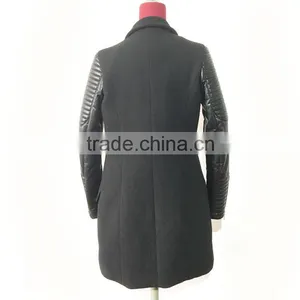 2016AW Woolen Garment Customized Woman's Fashion Long Biker Coats Embroidered PU Sleeve thumbnail-4