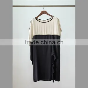 100% Silk Contrast Color Dress With Beaded Round Collar thumbnail-1