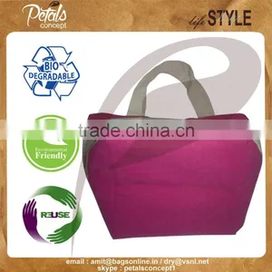 Hot Pink Stripe Print Canvas Tote Bag With Canvas Handle , Brand on Bag With PU Embossed Label thumbnail-5