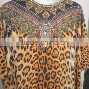 ANIMAL Print Crystal Embellished Caftan Crepe KAFTAN Tunic Poncho Blouse thumbnail-5