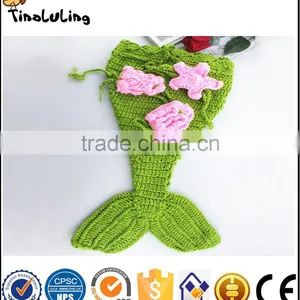 2017 New Baby Girls Knit Crochet Pink Hairband Bra Green Mermaid Costume Photography Props thumbnail-2