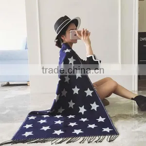 Wholesale Price 2017 New Arrival Girl Scarf White Stars Blue Bottom Color Printed 200*68cm School Student Tippet With Tassels thumbnail-1