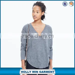 V Neck Long Sleeve T-shirt for Women in Naples Stripe thumbnail-1