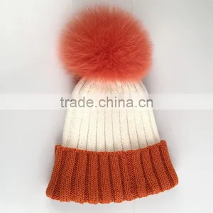 Myfur Ribbed Knitted Hat Adult Size Beanie With Fox Body Fur Pom Poms thumbnail-2