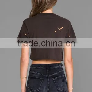 Intentional Holes Throughout Raw Cut Hem Crop T-shirts thumbnail-3