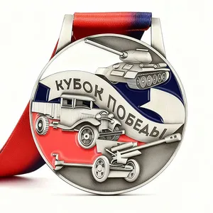 Russia Victory Cup Antique Silver Medal With Red Blue Ribbon Custom Logo thumbnail-1
