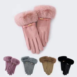 Elegant Winter Gloves Plush Faux Fur Trim Decorative Metal Label Soft Lining Daily Wear Winter Gloves thumbnail-1
