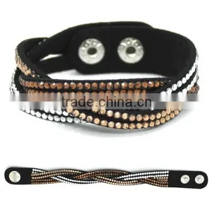 Hot Sale Women Rhinestone Hard Leather Bangle Bracelet thumbnail-2