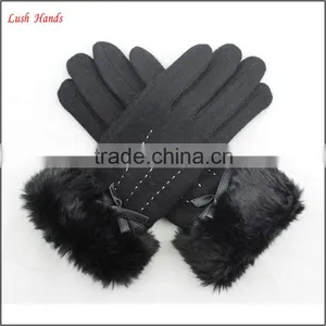 Women Woolen Cheap Hand Gloves Winter Dress Gloves With Black Fake Fur thumbnail-3