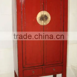 Antique Chinese Two Door Two Drawer Red Lacquer Wedding Wardrobe thumbnail-1