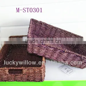 Purple Rectangle Straw Storage Basket With Pink Canvas Liner thumbnail-1