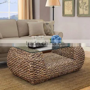 COFFEE TABLE JAPAN WATERHYACINTH WITH GLASS TOP thumbnail-1