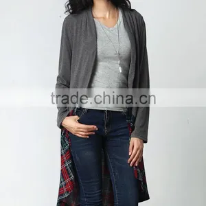 OEM Korean Style Designs Women Fashion Long Sleeve Charcoal Plaid-Hem Drape Sweater Cardigan thumbnail-2