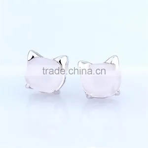Oxidized Rose Quartz Silver Lovely Cat Stud Earring Women Earring Jewelry Cat Jewelry thumbnail-2
