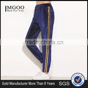 Navy Side Striped Drawstring Velvet Sweatpants 95% Polyester 5% Spandex Elastic Waist Loose Trousers thumbnail-1