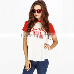 White t Shirt Woman Fashion With Red Sleeve thumbnail-1