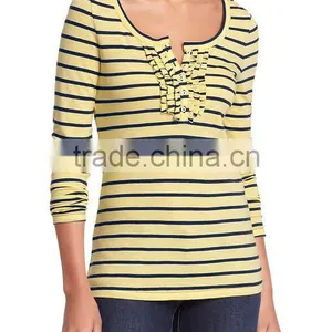 WOMEN STRIPED LONG SLEEVE T-SHIRT WITH RUFFLE PLACKET thumbnail-2
