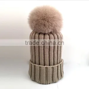 Myfur Wholesale Beanie Knit Hats With Fox Fur Pom Poms Wool Winter Hats thumbnail-1