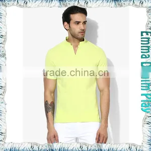 2017 Yellow Mens Contrast Trimming Slit Collar T-shirts thumbnail-1
