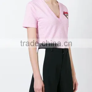 OEM Latest Womens Short Sleeve Custom T Shirt Printing Ladies V Neck Printed T Shirts thumbnail-4