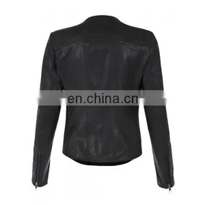 Bhira Black Collarless Brando Style Womens Biker Motorcycle Genuine Leather Jacket All Sizes thumbnail-3