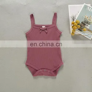 Infants & Toddler Solid Color Spring Autumn Lace Edge Slip Knitted Cotton Romper thumbnail-5