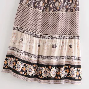 Wholesales Summer Half-length Skirt Retro Rayon Placement Printing 100% Rayon Cotton Tassel Elastic Waist Long Skirt Female thumbnail-5