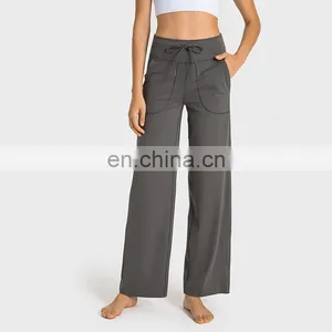 Wholesale Custom Loose Wide Leg Flared Yoga Pants Ladies Dance Gym Wear Drawstring With Side Pocket Leggings Trousers For Women thumbnail-4