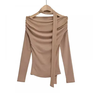 Design-sense Pure Seductive Hot Girl Style Pleated Off-the-shoulder Long-sleeved Top for Women, Spring and Autumn, With Ribbon and Mesh Spliced-in for a Slimming Effect. thumbnail-3