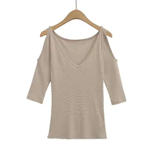 Summer New Fashionable Casual V-neck off Shoulder Design Slim Fit Top Solid Color Mid Sleeve T-shirt thumbnail-5