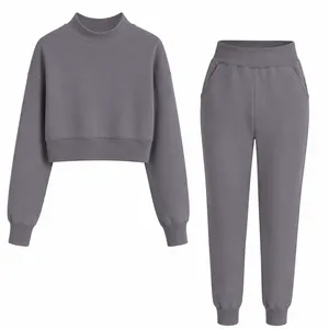 100% Polyester Mock Neck Cropped Top & Jogger Pants Two‑Piece Casual Tracksuit thumbnail-1