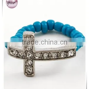 Rhodiumized / Turquoise Seed Beads & Clear Rhinestone / Cross Stretch Ring thumbnail-1