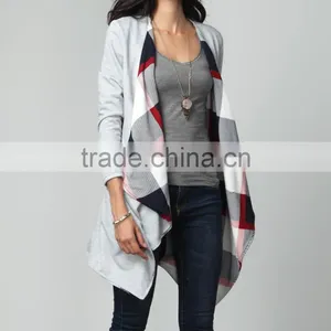 OEM Latest Ladies Women Fashion Long Sleeve Gray French Terry & Plaid Lined Drape Cardigan Sweaters Wholesale thumbnail-2