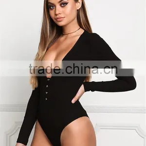 MGOO Foshan Manufacturer Custom Plunge Ribbed Bodysuits Black Cotton Spandex Blouse High Cut Buttons Up Tops thumbnail-5