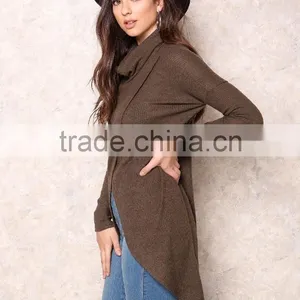 MGOO Handmade Sweaters For Girl Brown Asymmetric High Neck Overlay Tops Long Sleeves Fashion Winter Tops thumbnail-6