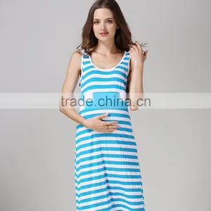 White and Blue Strips Maternity Dress Korean Style Nursing Clothing Athleisure Hide Breastfeeding Opening Skirts thumbnail-5