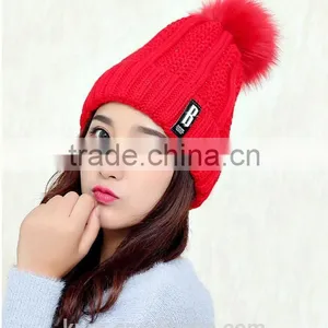 Logo Design Accept Woman Winter Warm Plush Thicken Winter Beanie Knit Hat With Fur Poms thumbnail-1