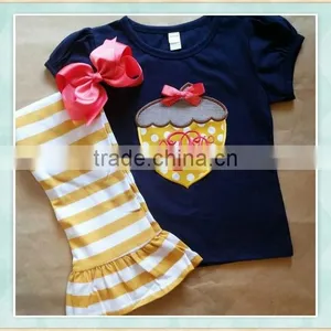 Halloween Kids Sets Deep Bule Short Sleeve Top Embroidery Yellow Stripes Pantsgirls Halloween Boutique Outfits thumbnail-1