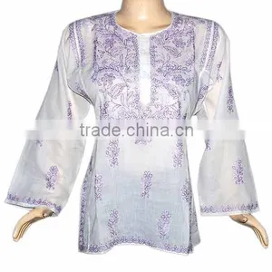 Chikankari Kurti Beautiful Indian Chikan Embroidery Kurti Tunics Lucknowi Emboidered Ladies Kurti Tunic Tops For Women thumbnail-4