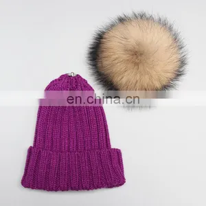 Fashion Striped Pattern Fur Pompom Hat Knitted Kids Bobble Hats for Winter Warm thumbnail-6
