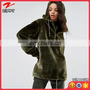 Garment in China Women Khaki Oversized Hoodie Coat In Faux Fur thumbnail-1