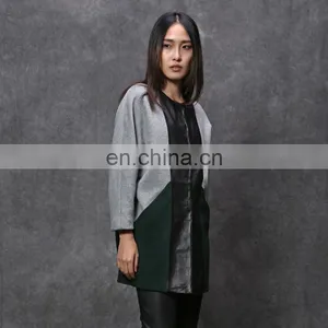 Wool Coat With Leather Patchwork Design for Women thumbnail-4