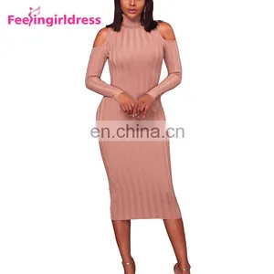 Women Sexy Cold Shoulder Knitting Sweater Long Sleeve Bodycon Party Mini Dress thumbnail-3