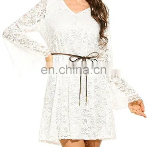 New Design Women's Elegant Lace Dress Summer Sexy V Collar Crochet Dress thumbnail-3