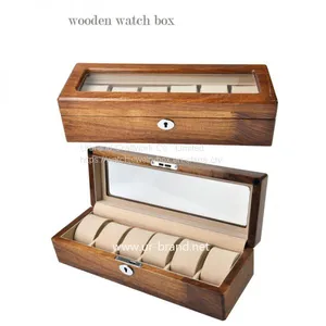 6 Slot Wooden Watch Box PU Leather Display Case Organizer Glass Jewelry Storage Box thumbnail-1