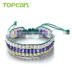 Topearl Jewelry Fashionable Potato Freshwater Pearl Bracelet Amethyst Bracelet Woven Leather Wrap Bangle CLL175 thumbnail-1