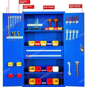 Steel Tool Storage Cupboard With Perforated Pegboard Doors and Hanging Hooks System thumbnail-4